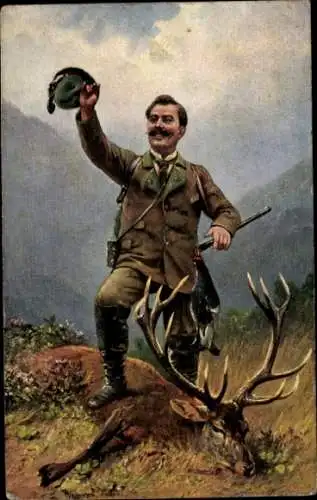 Künstler Ak Müller, August, Stolzer Jäger mit erlegtem Hirsch