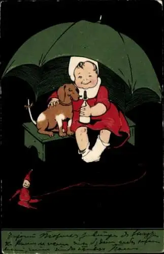 Künstler Ak Kind mit Dackel unter einem Schirm