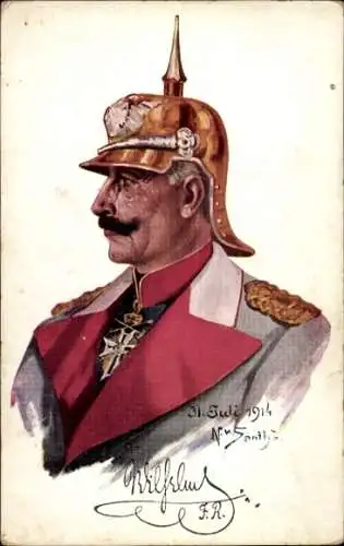 Künstler Ak Kaiser Wilhelm II., Portrait mit Pickelhaube, Mantel