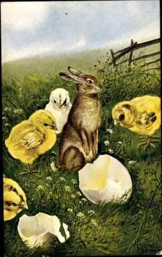 Künstler Ak Fromme, L., Ostern, Osterhase, Küken, Eierschalen, Wiese