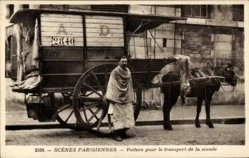 Ak Paris, Scenes Parisiennes, Voiture pour le transport de la viande, Fuhrwerk