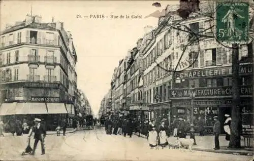 Ak Paris XIV Observatoire, Rue de la Gaité, Geschäfte, Straßenbahn, Menschen, Historische Arch...