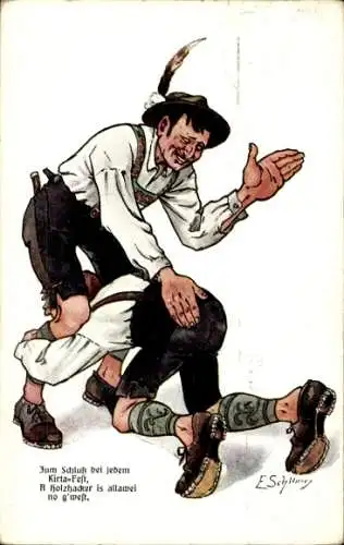 Künstler Ak Schlemo, E., Bayern in Lederhosen, Holzhacker, Schuhplattler No. 6