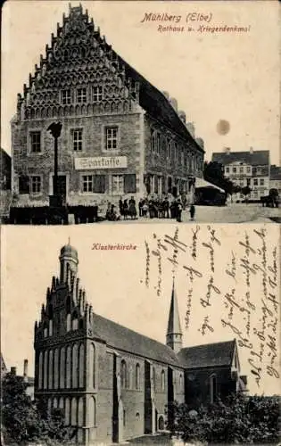 Ak Mühlberg an der Elbe, Rathaus, Sparkasse, Kriegerdenkmal, Klosterkirche