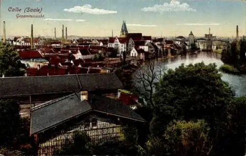 Ak Calbe an der Saale, Blick über die Stadt, Fluss, Kirche, Gesamtansicht