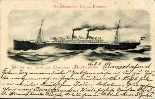 Ak Dampfer Barbarossa, Norddeutscher Lloyd Bremen NDL