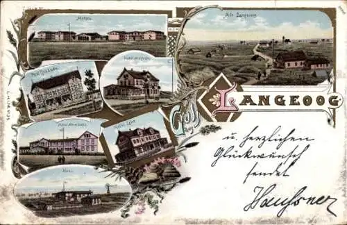 Litho Nordseebad Langeoog Ostfriesland, Postgebäude, Hospiz, Hotels