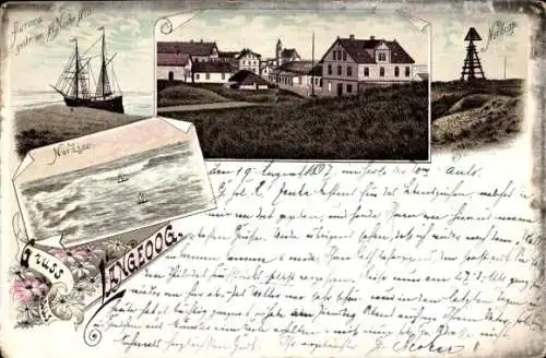 Litho Nordseebad Langeoog Ostfriesland, gestrandetes Schiff Aurora, Nordkap, Teilansicht