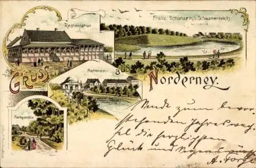 Litho Nordseebad Norderney Ostfriesland, Restauration, Franz. Schanze, Schwanenteich, Marienstraße