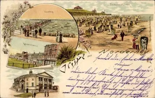 Litho Nordseebad Norderney Ostfriesland, Strandkorbkolonie, Seesteg, Kaiserstraße, Kurtheater