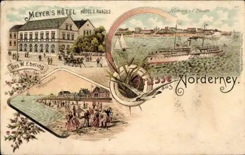 Litho Nordseebad Norderney Ostfriesland, Meyers Hotel, Weststrand, Dampfschiff