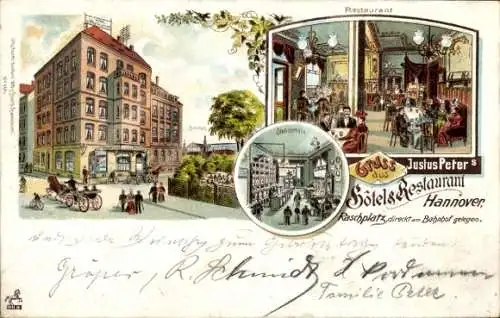 Litho Hannover in Niedersachsen, Hotel und Restaurant Justus Peter am Raschplatz, Stehbierhalle