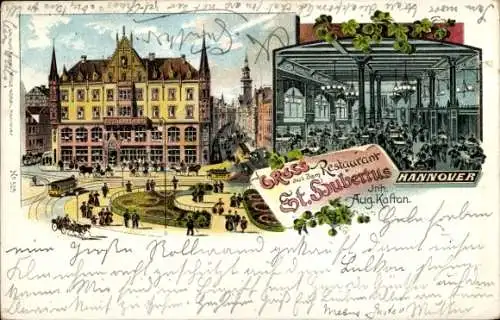 Litho Hannover in Niedersachsen, Restaurant St. Hubertus, Straßenbahn, Kutsche