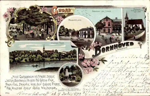 Litho Bornhöved in Holstein, Gasthof zur Linde, Teich, Adolphs Denkmal, Waldkater, Kirche