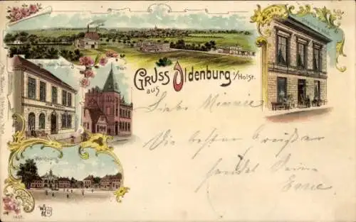 Litho Oldenburg in Holstein, Panorama, Marktplatz, Post, Hotel Stadt Hamburg