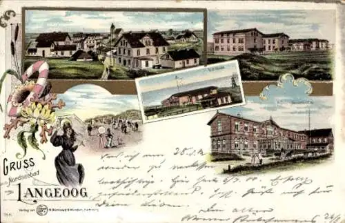 Litho Nordseebad Langeoog, Teilansichten, Giftbude, Hotel Ahrenholtz