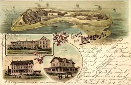 Litho Nordseebad Langeoog Ostfriesland, Gesamtansicht, Hotel Ahrenholtz, Hotel Hüne, Postgebäude