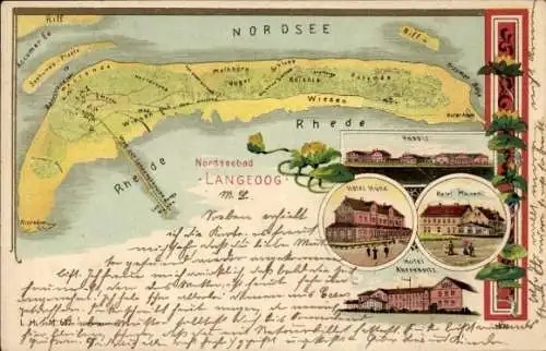 Landkarten Litho Nordseebad Langeoog Ostfriesland, Hospiz, Hotel Hüne, Hotel Meinen, Ahrenholtz