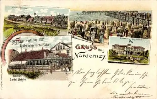 Litho Nordseebad Norderney, Restauration zur blühenden Schifffahrt, großes Logierhaus, Victoriastr.