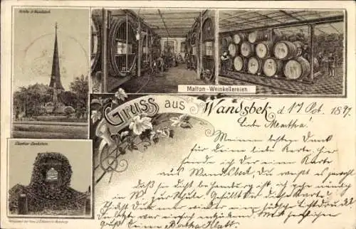 Litho Hamburg Wandsbek, Malton Weinkellerein, Weinfässer, Kirche, Claudius Denkstein