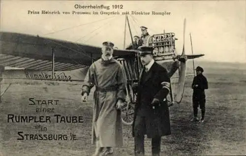 Ak Oberrheinflug 1912, Start Rumpler Taube in Straßburg, Prinz Heinrich von Preußen, Dir. Rumpler