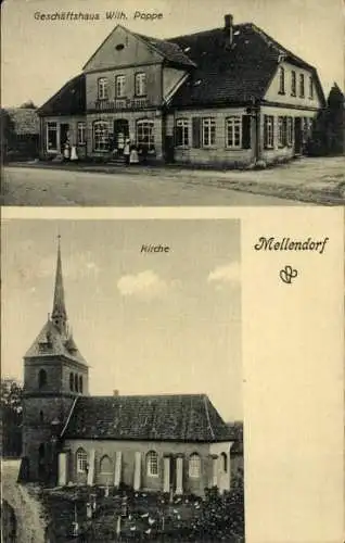 Ak Mellendorf Wedemark in Niedersachsen, Kirche, Geschäftshaus Wilhelm Poppe