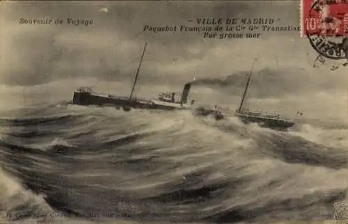 CPA Compagnie Générale Transatlantique, Paquebot Ville de Madrid, Par grosse mer