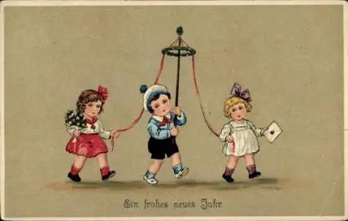 Ak Fröhliches Neujahr, drei Kinder mit Blumen und einem Brief in den Händen.