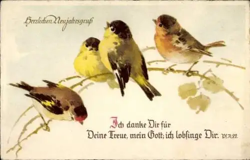 Ak Fröhliches Neujahr, Vögel auf einem Zweig, Psalm