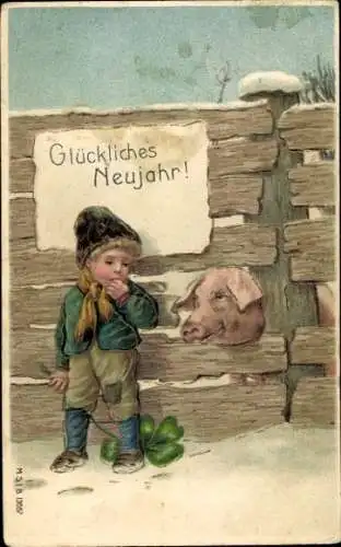 Präge Ak Glückwunsch Neujahr, Kind mit Klee, Schwein