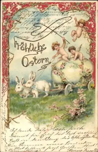 Litho Fröhliche Ostern, Hasen ziehen einen Wagen, Osterei, Engel