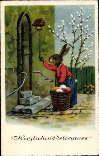 Ak Glückwunsche Ostern, Vermenschlichter Osterhase mit Korb, Ostereier, Weidenkätzchen