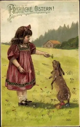 Ak Frohe Ostern, Mädchen in rotem Kleid, Osterhase