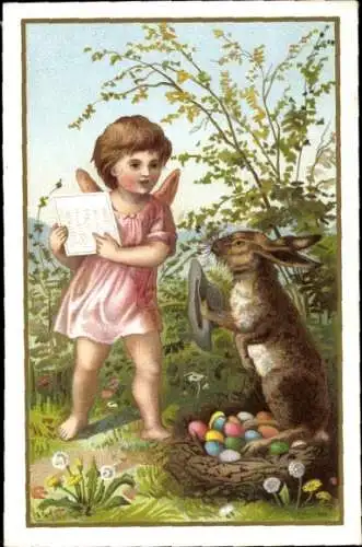 Ak Glückwunsch Ostern, Engel, Osterhase, Ostereier