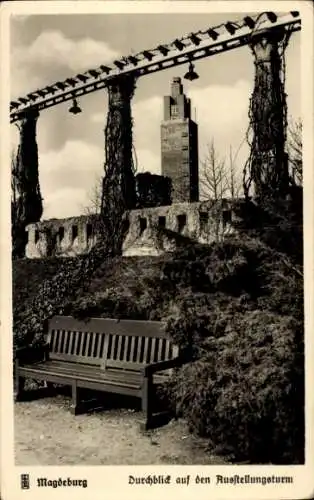 Ak Magdeburg in Sachsen Anhalt, Durchblick auf den Ausstellungsturm