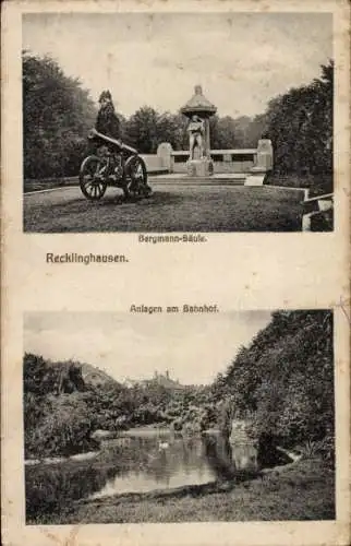 Ak Recklinghausen im Ruhrgebiet, Bergmann-Säule, Anlagen am Bahnhof