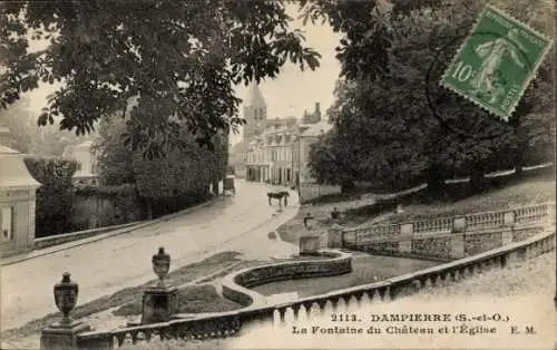 Ak Dampierre Seine-et-Oise Yvelines, Fontaine du Chateau, Kirche