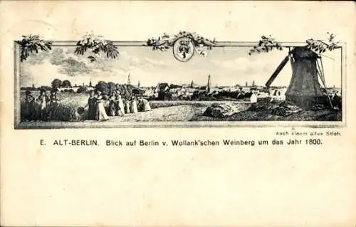 Künstler Ak Berlin, historische Ansicht um 1800, Blick vom Wollankschen Weinberg, Windmühle