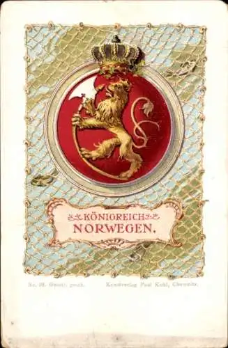 Wappen Litho Königreich Norwegen, Fischernetz, Paul Kohl Chemnitz No. 18