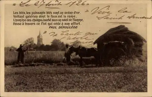 Ak Pferdefuhrwerk auf dem Feld