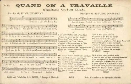 Lied Ak Quand on a travaille, Briollet-Gerny, Antonin Louis-Del