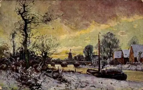 Künstler Ak Winterlandschaft mit Kahn und Windmühle