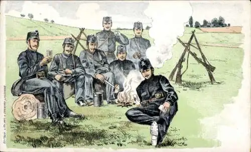 Litho Schweizer Soldaten, Lagerfeuer