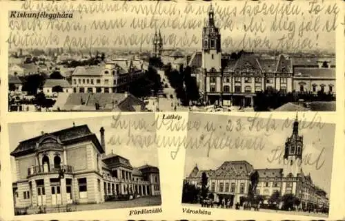 Ak Kiskunfélegyháza Feulegaß Ungarn, Gesamtansicht, Fürdőszálló, Városháza