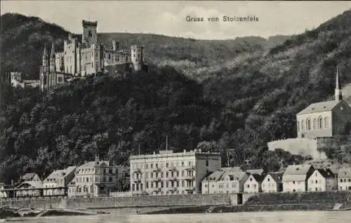 Ak Stolzenfels Koblenz am Rhein, Burg  Häuser am Fluss, bewaldete Hügel