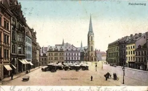 Ak Reichenberg in Böhmen Liberec Tschechien, Bismarckplatz, Kirche, historische Gebäude, Markt...