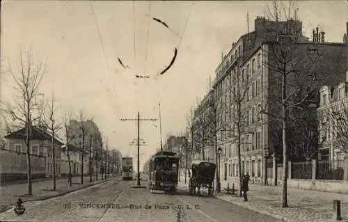 Ak Vincennes Val de Marne, Rue de Paris, Straßenansicht, Pferdewagen, elektrische Straßenbahn