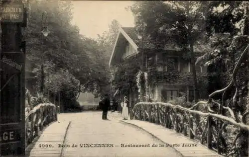 Ak Vincennes Val de Marne, Restaurant de la Porte Jaune, Ruhe und Natur, Brücke, Menschen