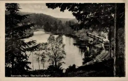 Ak Gernrode Quedlinburg im Harz, See, Wald, Eisenbahnlinie, Zug, Schriftzug "Der heilige Teich"