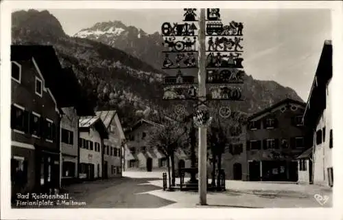 Ak Bad Reichenhall in Oberbayern,  Florianiplatz, Maibaum, Gebäude, Berge